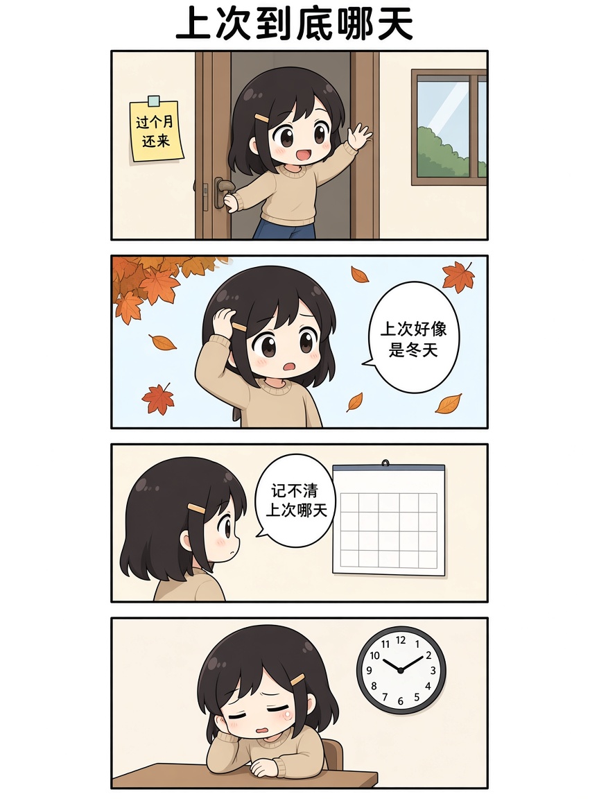 四格漫画：定期要办的事，隔久了记不清上次哪天，没有提醒就漏了